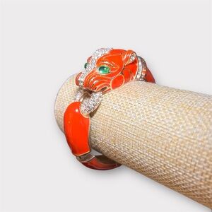 Coral Enamel Lion Head Cuff Bangle Bracelet